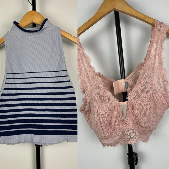 Intimately Free People Blue Striped Tank & Aerie Pink Lace Bralette Bundle - Picture 1 of 12